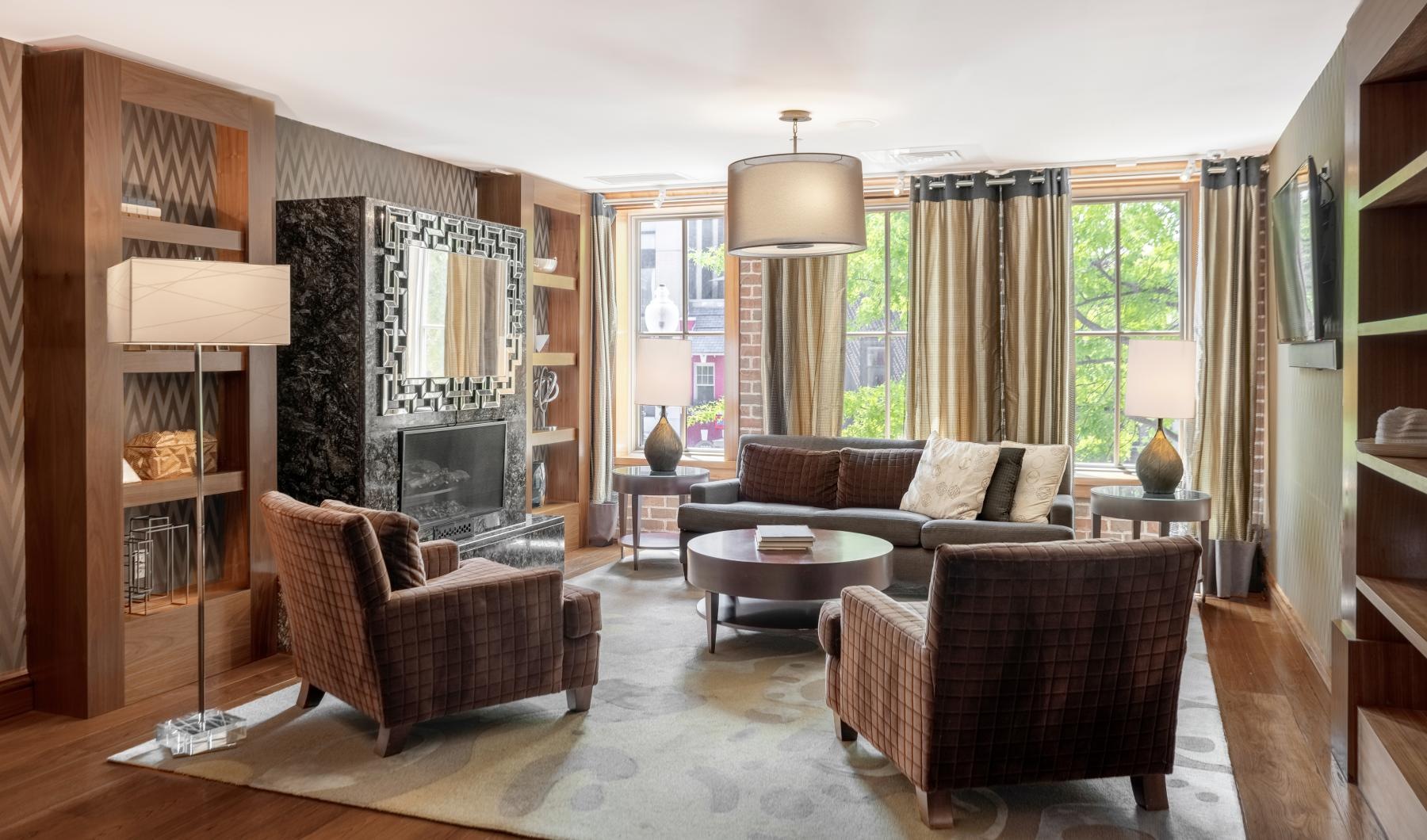 a living room with a fireplace