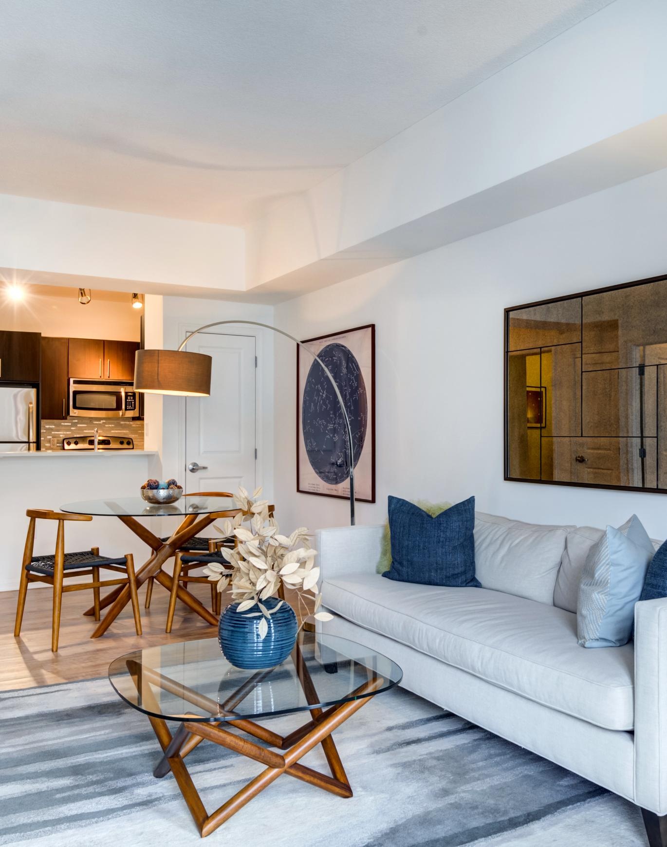 a living room with a white couch